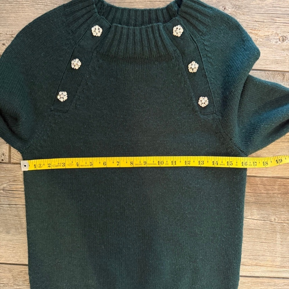 J.Crew Womens Forest Green Rhinestone Flower Button Embellished Sweater XS - Picture 7 of 7